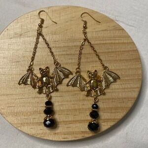 Bat‎ Dangle Earrings Gothic Halloween Costume Vampire Statement Gold-tone 2in